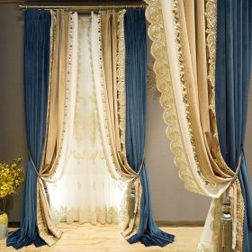 Light Luxury Stitching Dark Blue Velvet Cloth Bedroom Water-soluble Embroidered Curtain (Option: Blue-Price Per Meter)